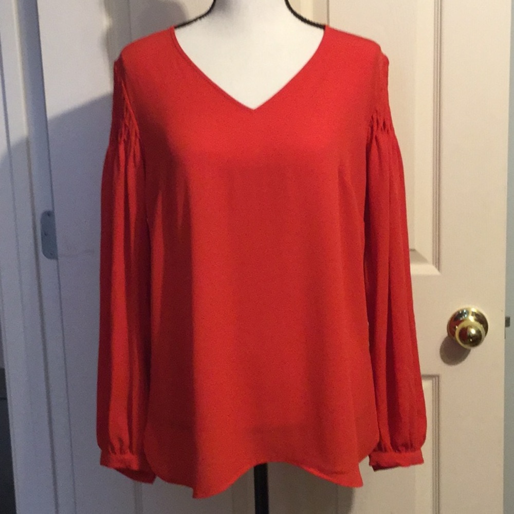 Tomato Red Flowy Blouse W/Vneck & Scalloped Sleeve